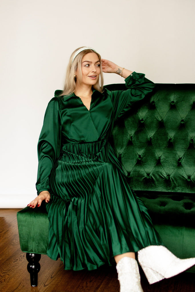 Green Pleated Midi Dress