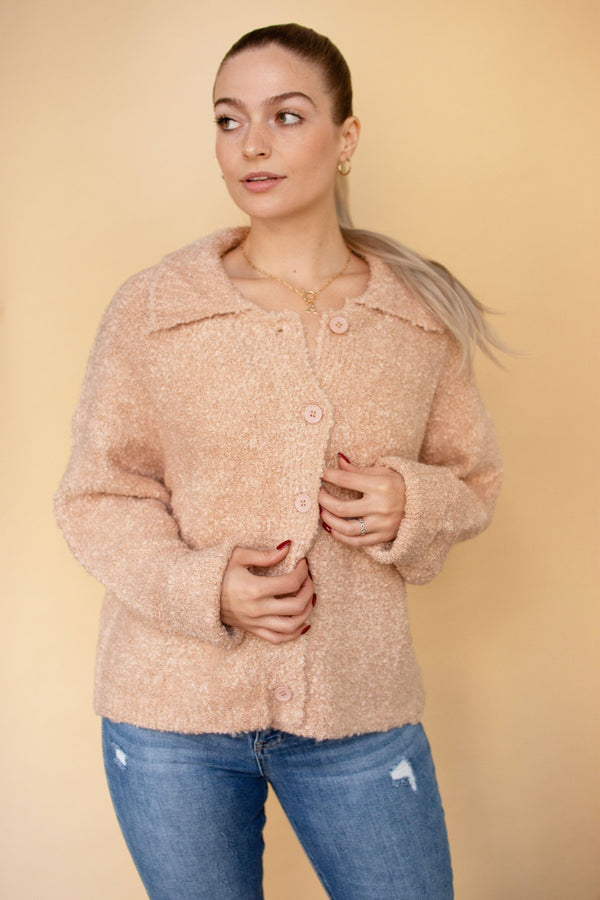 Peachy Taupe Fuzzy Collared Button Down Sweater