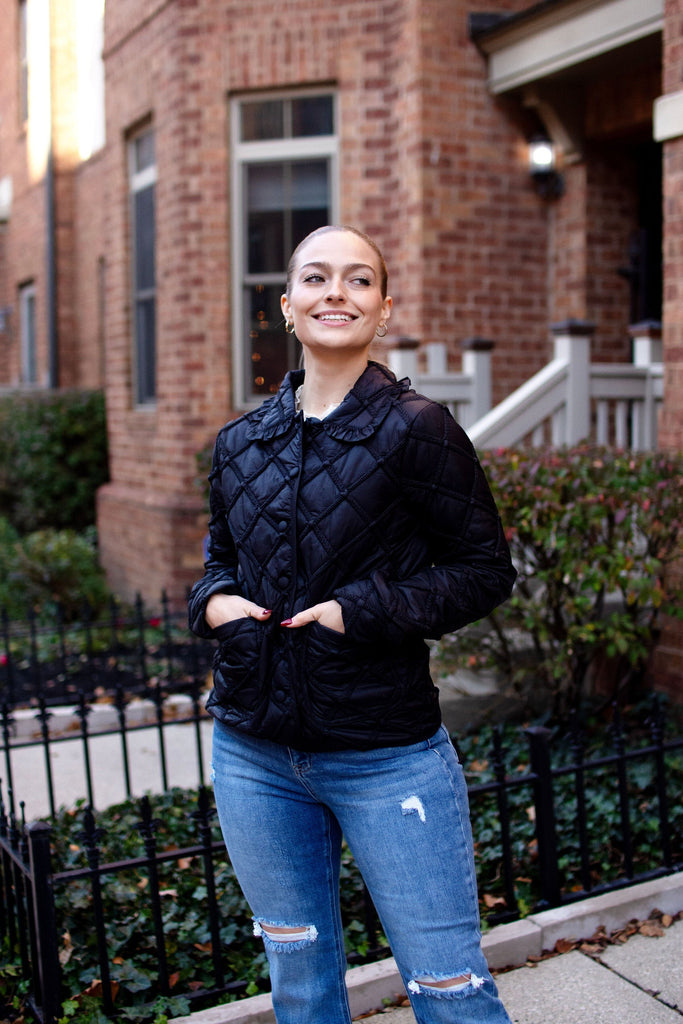 Black Quilted Button-Down Jacket