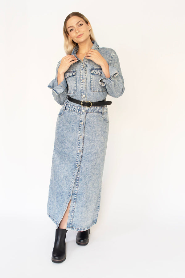 Denim Lapel Collar Maxi Dress