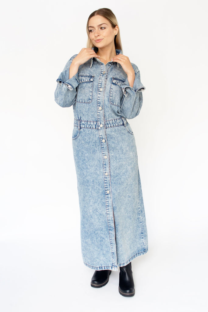 Denim Lapel Collar Maxi Dress