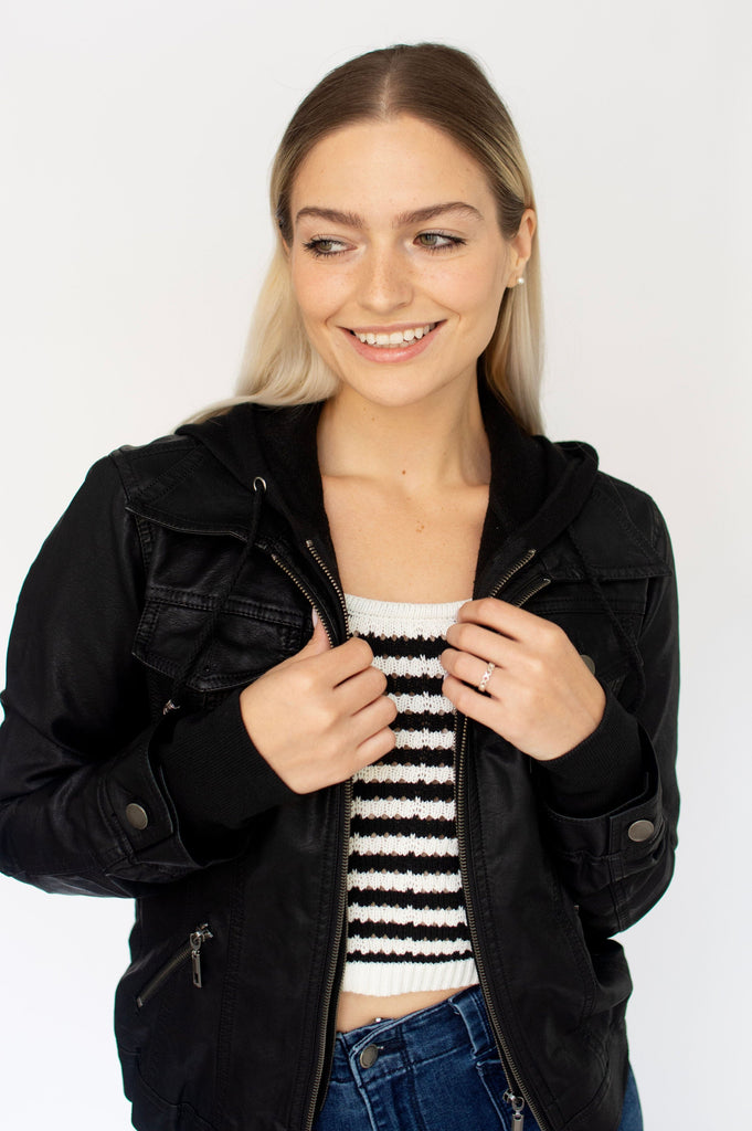 Black Classic Vegan Leather Hooded Jacket