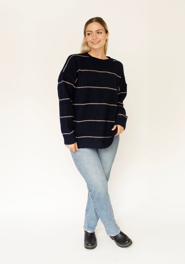 Navy Striped Drop Shoulder Sweater