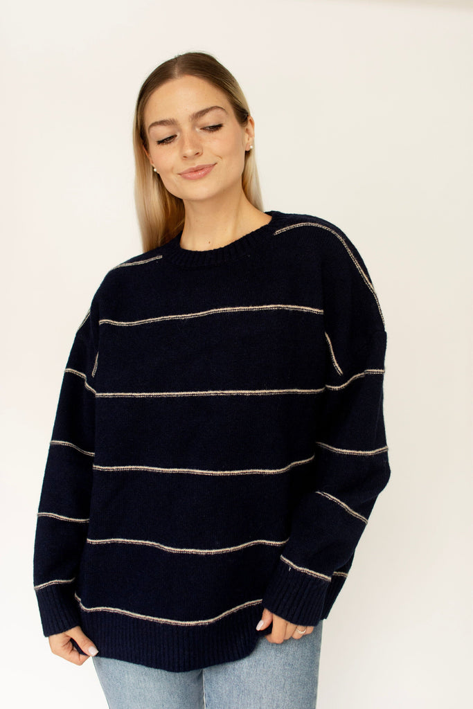 Navy Striped Drop Shoulder Sweater