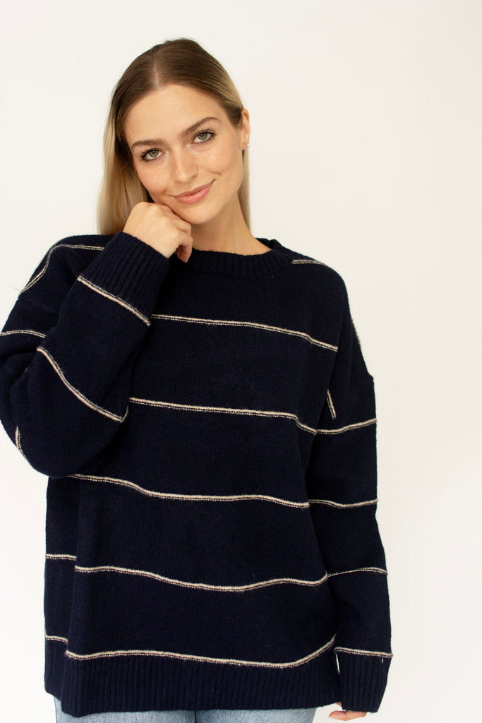 Navy Striped Drop Shoulder Sweater