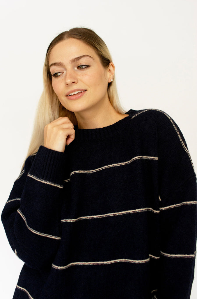 Navy Striped Drop Shoulder Sweater