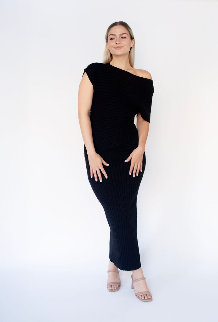 Black Off Shoulder Ribbed Midi Dress