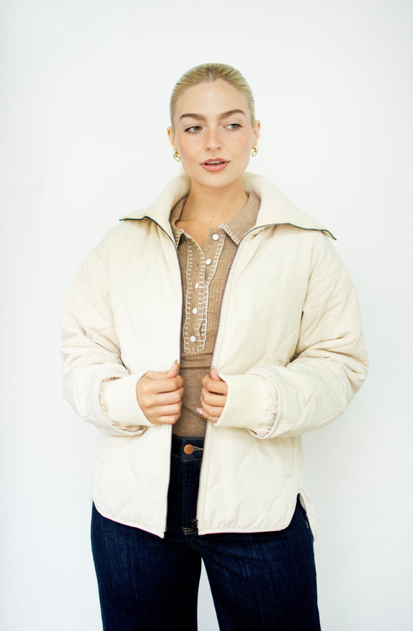 Ecru Quilted Rib Collar Coat