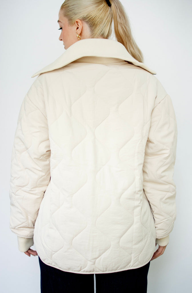 Ecru Quilted Rib Collar Coat