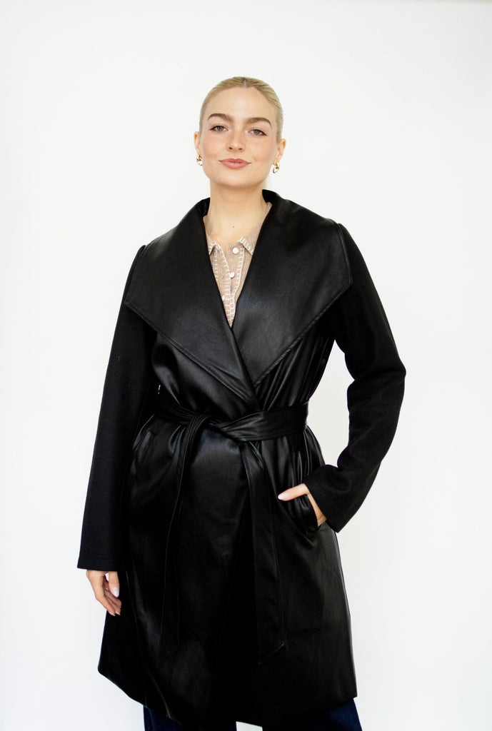 Mixed Faux Leather Belted Coat