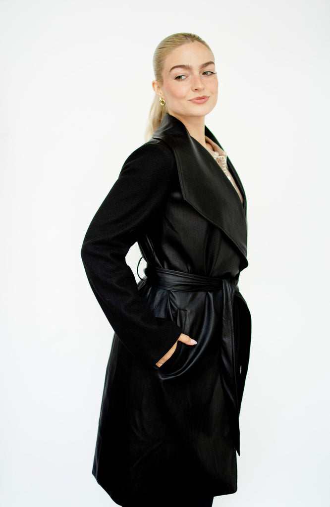 Mixed Faux Leather Belted Coat