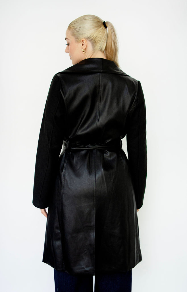 Mixed Faux Leather Belted Coat