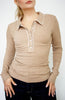 Melange Brown Contrast Stitch Collar Ribbed Top