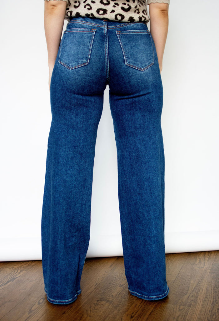 RISEN Dark Wash Mid Rise Wide Leg Patch Pocket Jeans