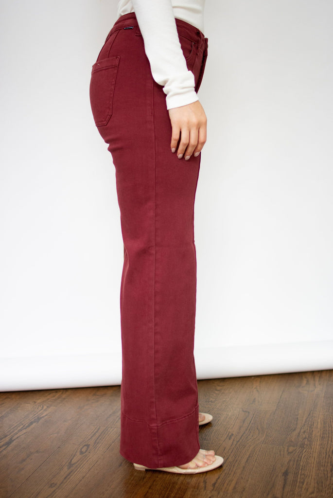 RISEN Tummy Control Wine Mid Rise Wide Leg Jeans