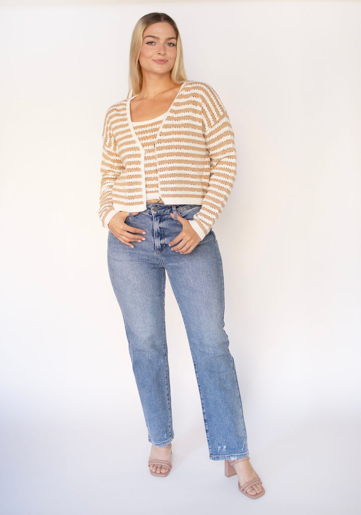 Tan Striped Crochet Cardigan