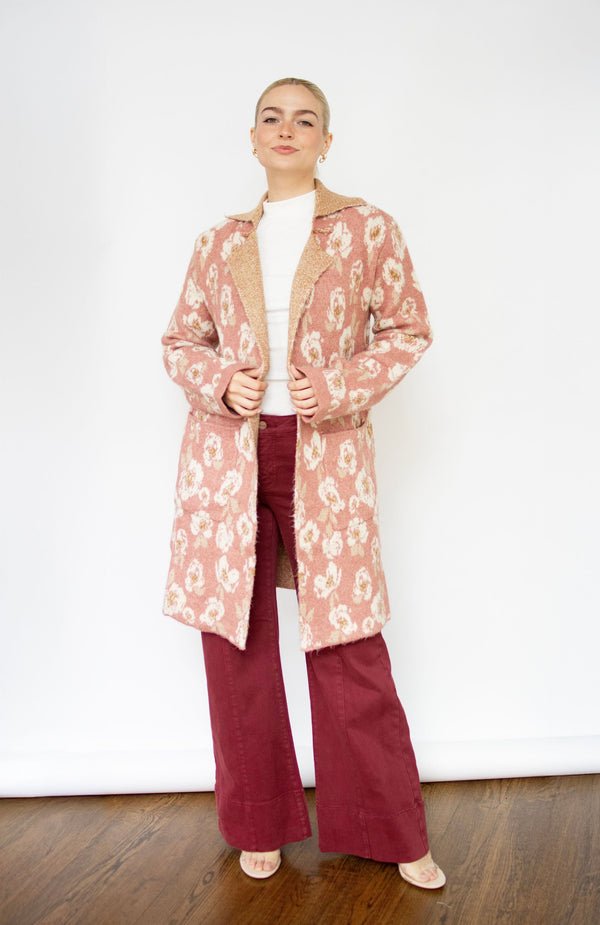 Winter Rose Floral Print Sweater Coat