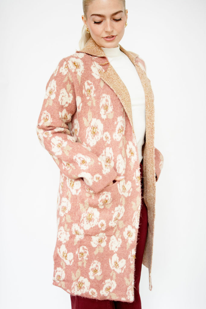Winter Rose Floral Print Sweater Coat