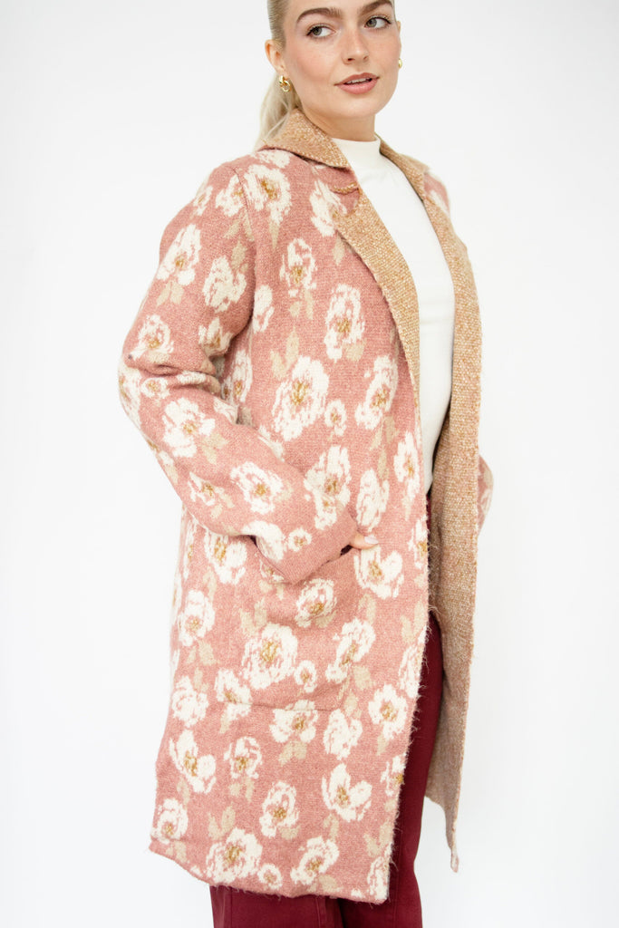 Winter Rose Floral Print Sweater Coat