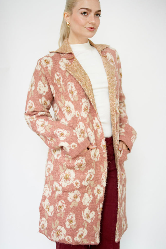 Winter Rose Floral Print Sweater Coat