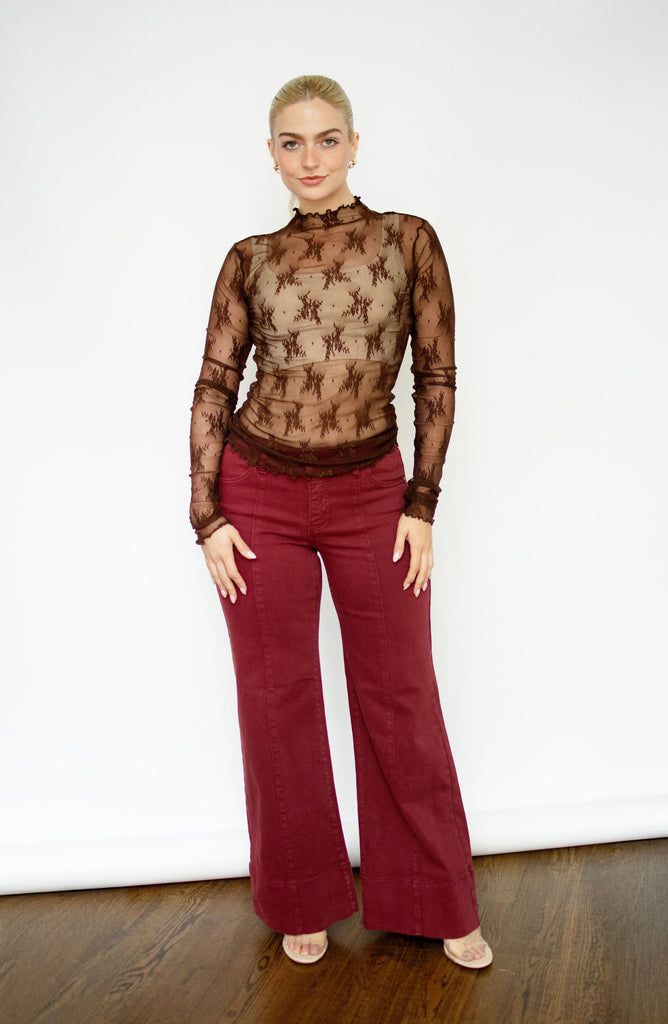 Chocolate Mock Neck Sheer Lace Top