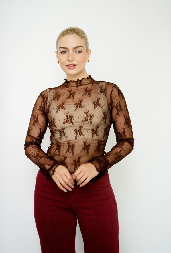 Chocolate Mock Neck Sheer Lace Top