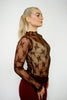 Chocolate Mock Neck Sheer Lace Top