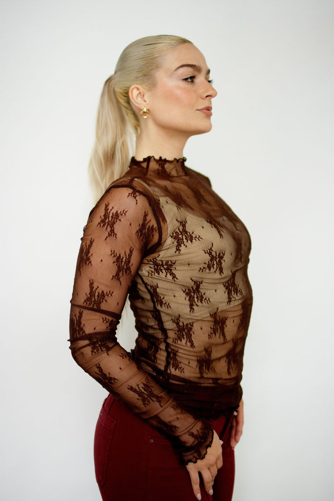 Chocolate Mock Neck Sheer Lace Top