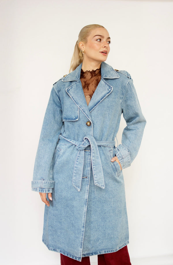 Medium Wash Denim Belted Trench Coat