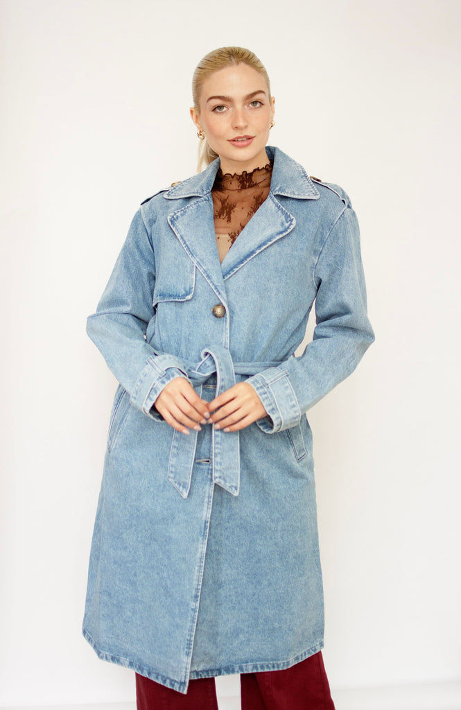 Medium Wash Denim Belted Trench Coat