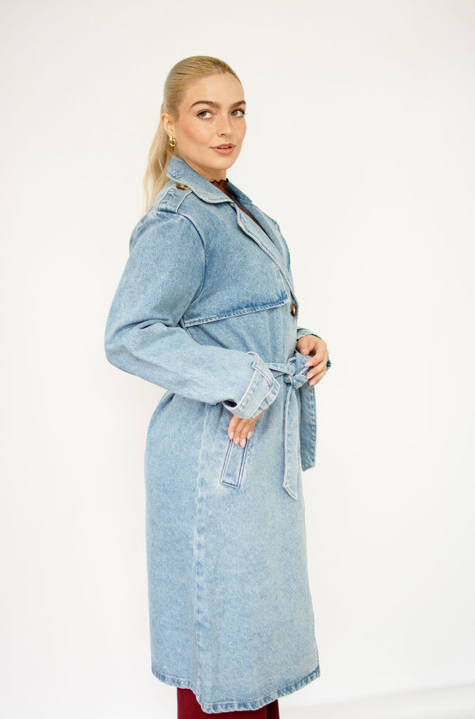 Medium Wash Denim Belted Trench Coat