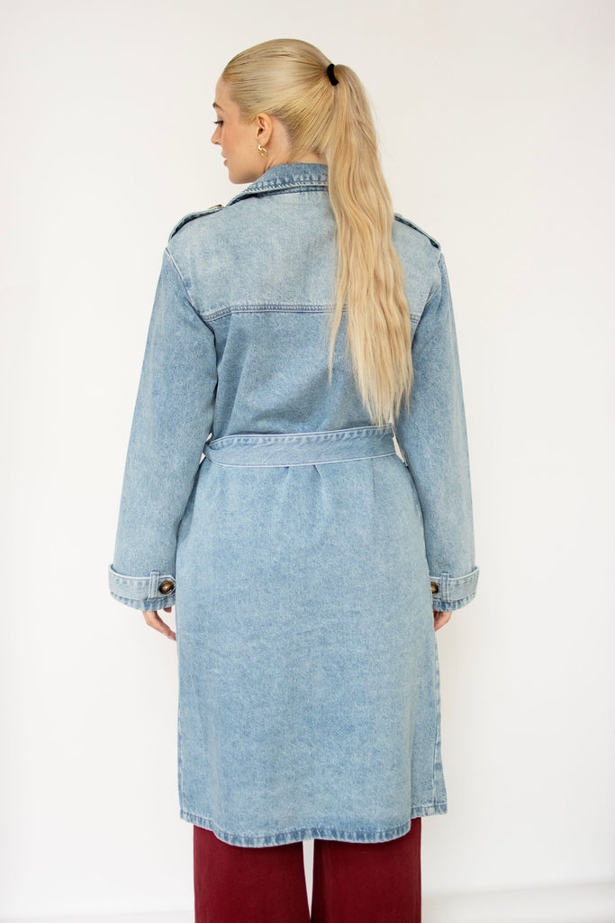Medium Wash Denim Belted Trench Coat