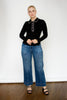 Black Contrast Stitch Collar Ribbed Top