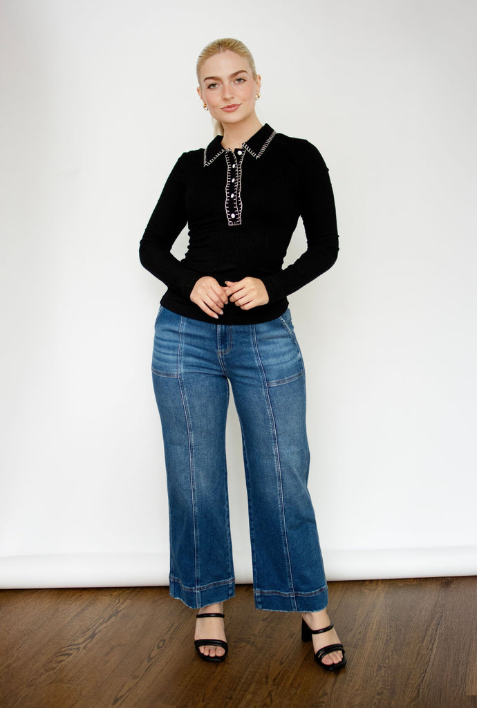 Black Contrast Stitch Collar Ribbed Top