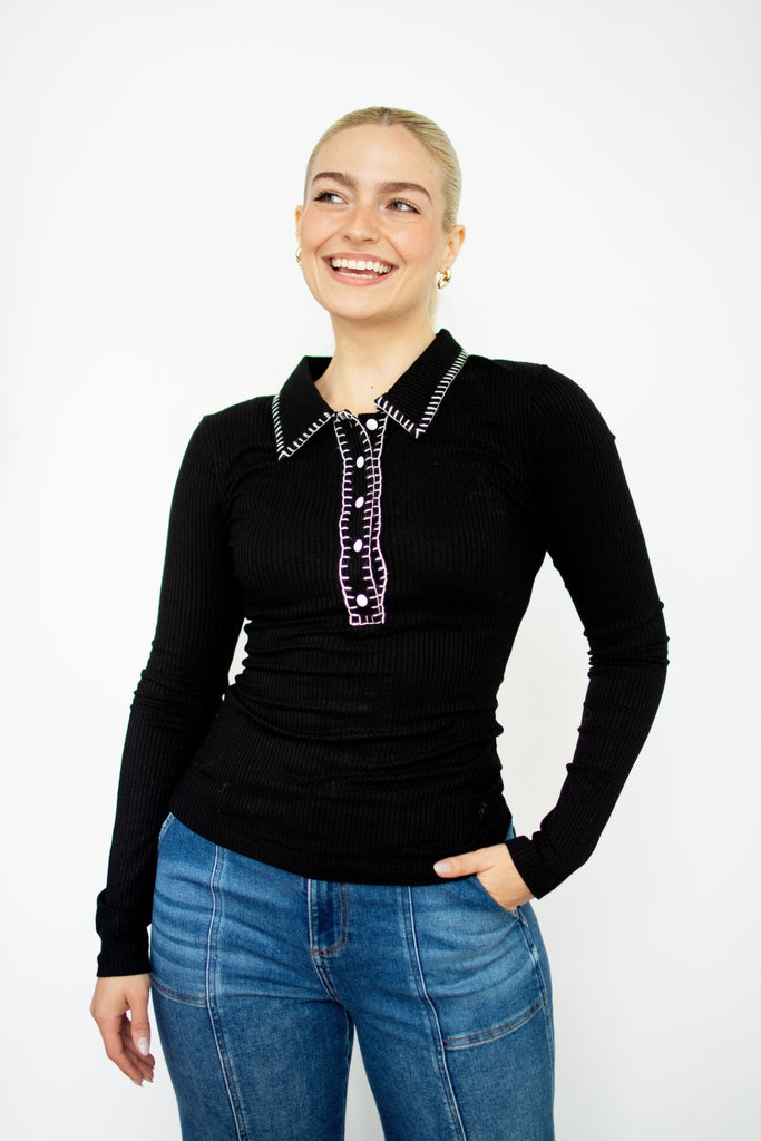 Black Contrast Stitch Collar Ribbed Top