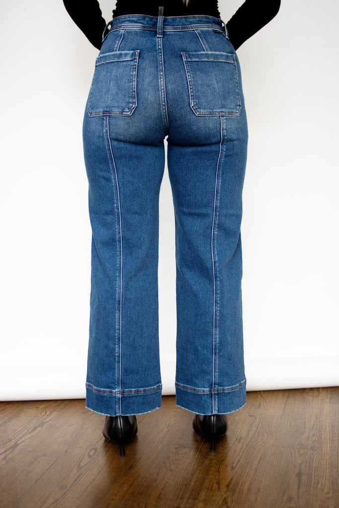 RISEN Dark Wash High Rise Crop Straight Front Seam Detailed Jeans