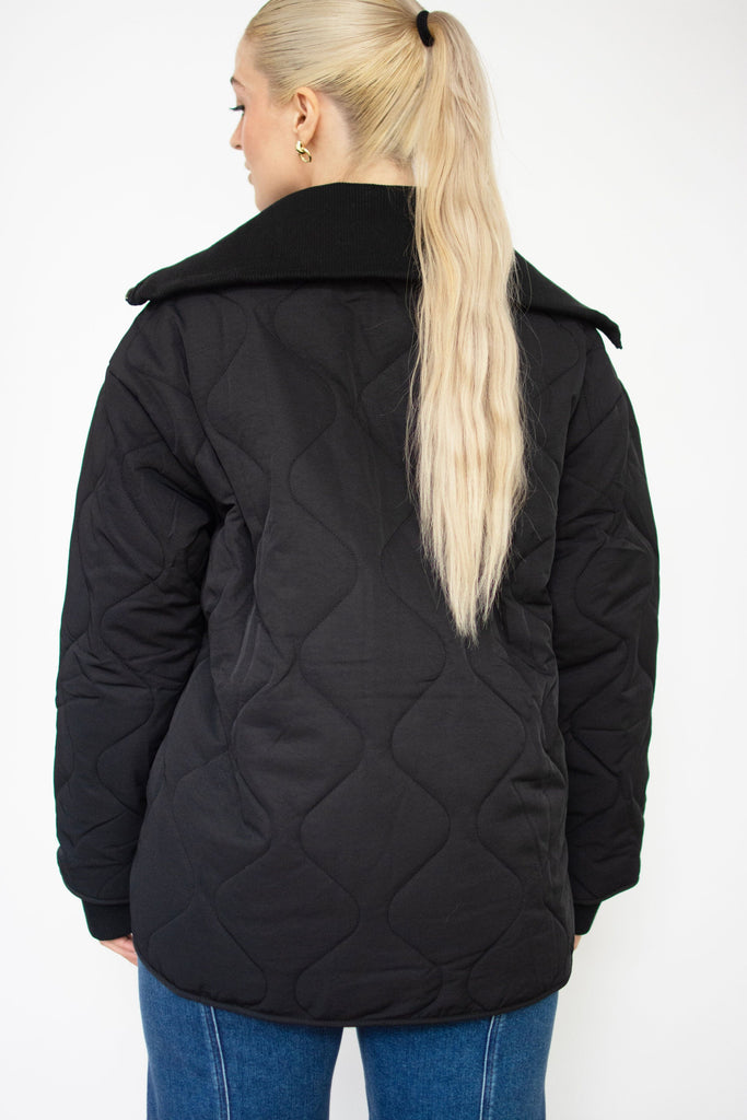 Black Quilted Rib Collar Coat