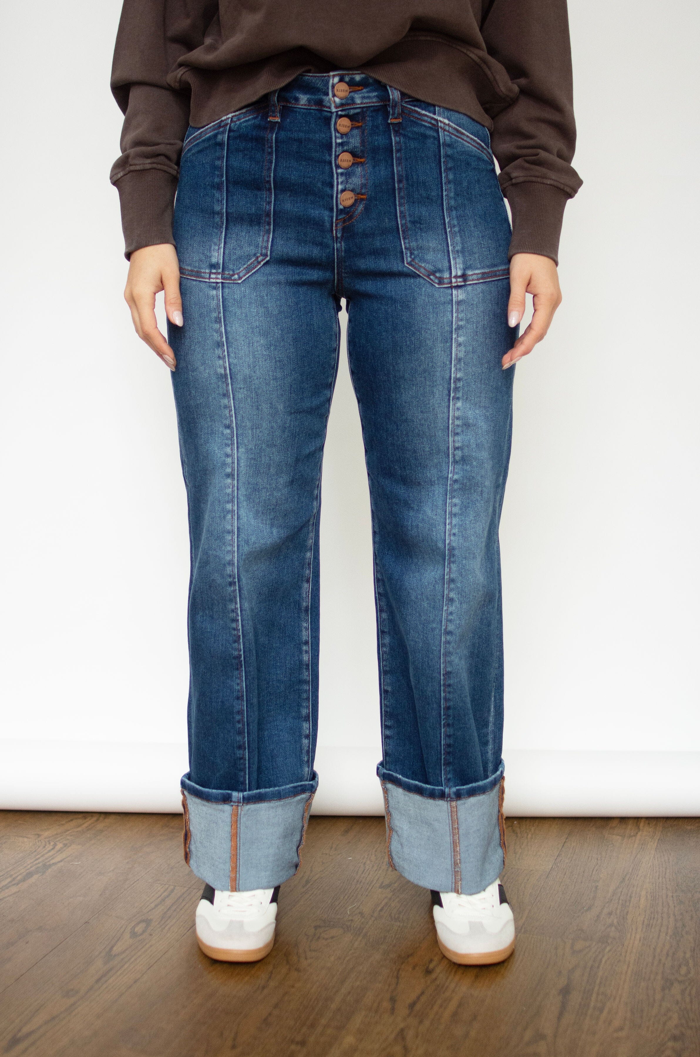 RISEN Dark Wash High Rise Crop Wide Straight Cuffed Jeans