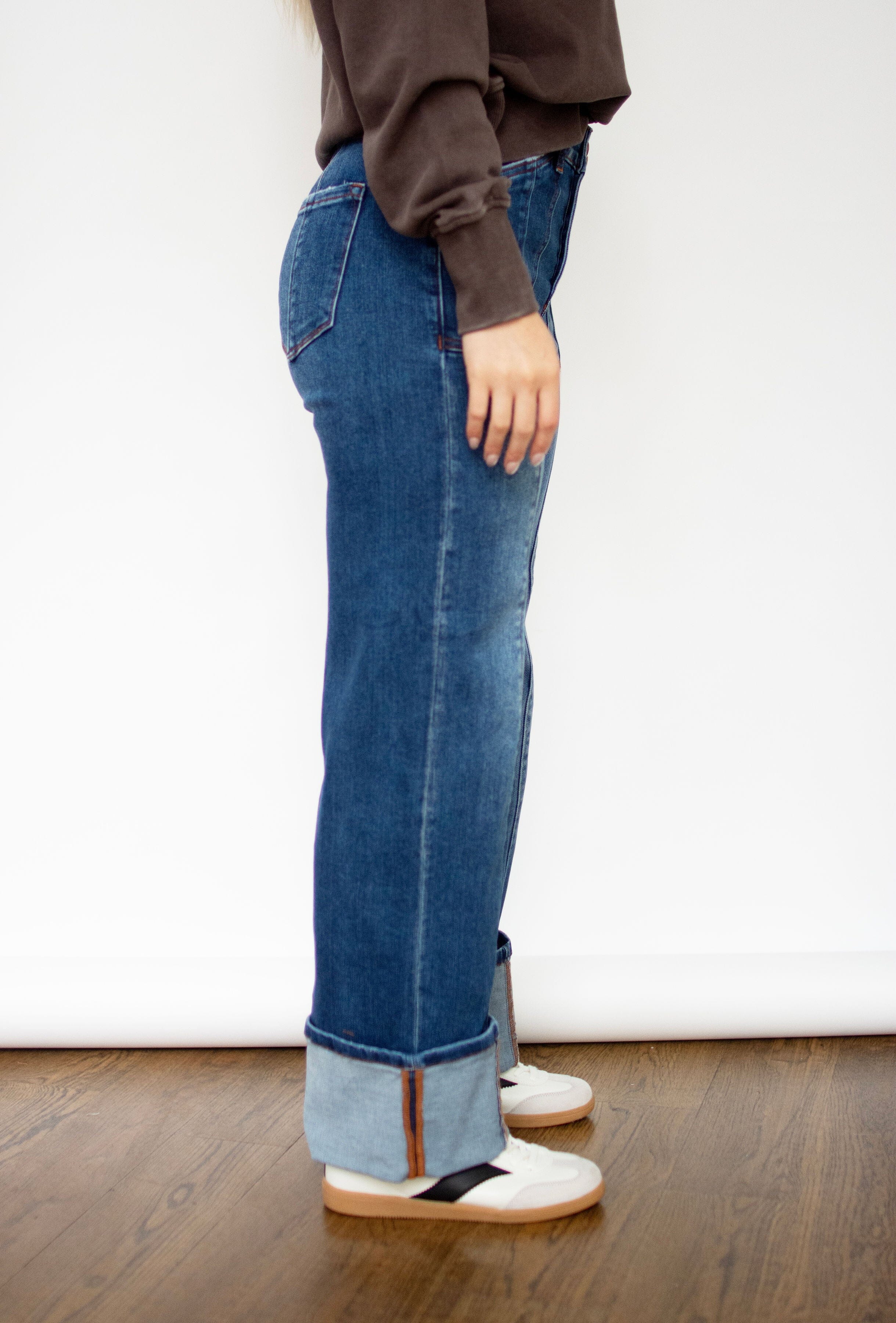 RISEN Dark Wash High Rise Crop Wide Straight Cuffed Jeans