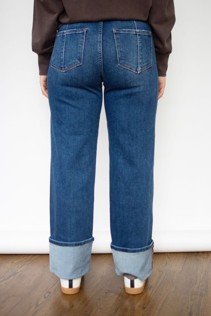 RISEN Dark Wash High Rise Crop Wide Straight Cuffed Jeans