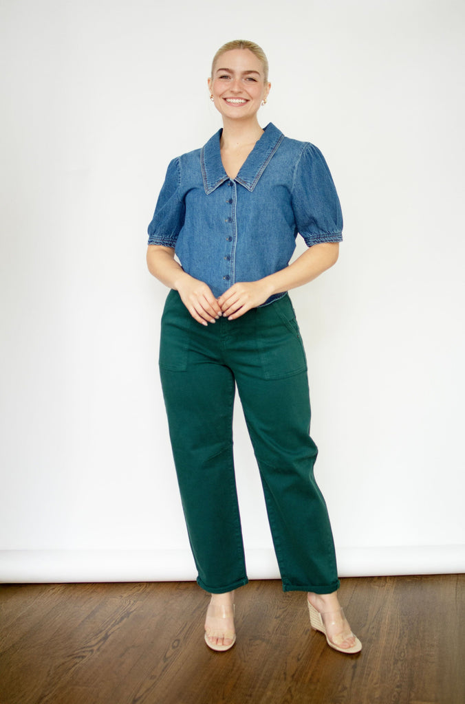 RISEN Denim Puff Sleeve Cropped Shirt