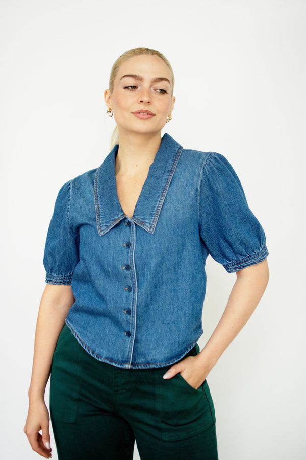 RISEN Denim Puff Sleeve Cropped Shirt