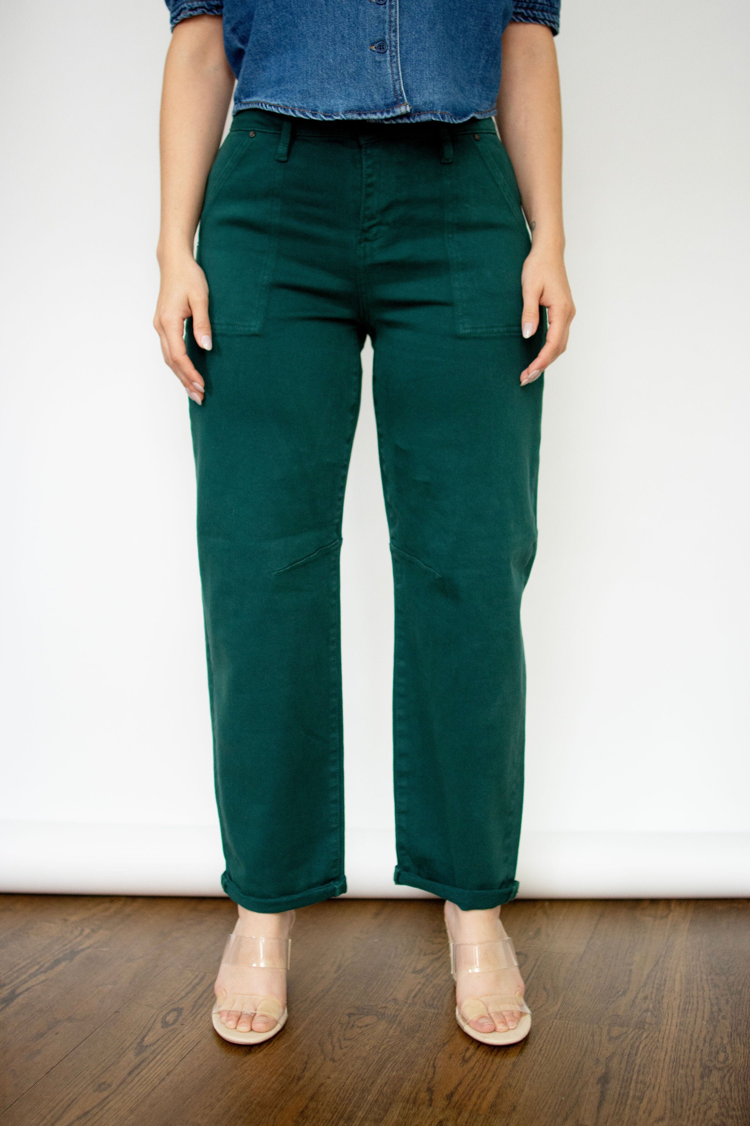 RISEN Hunter Green High Rise Ankle Cuffed Barrel Jeans
