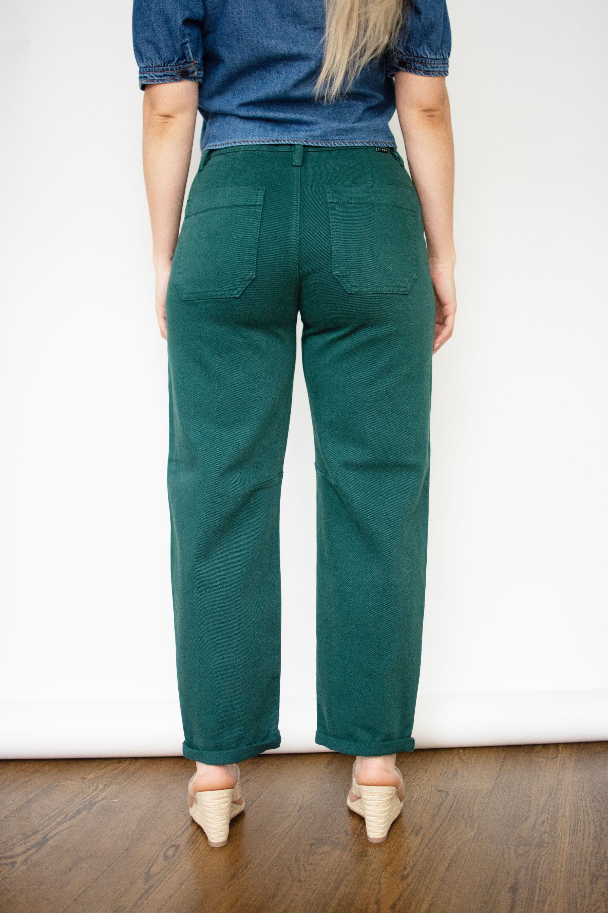 RISEN Hunter Green High Rise Ankle Cuffed Barrel Jeans
