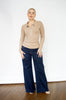 Melange Brown Contrast Stitch Collar Ribbed Top