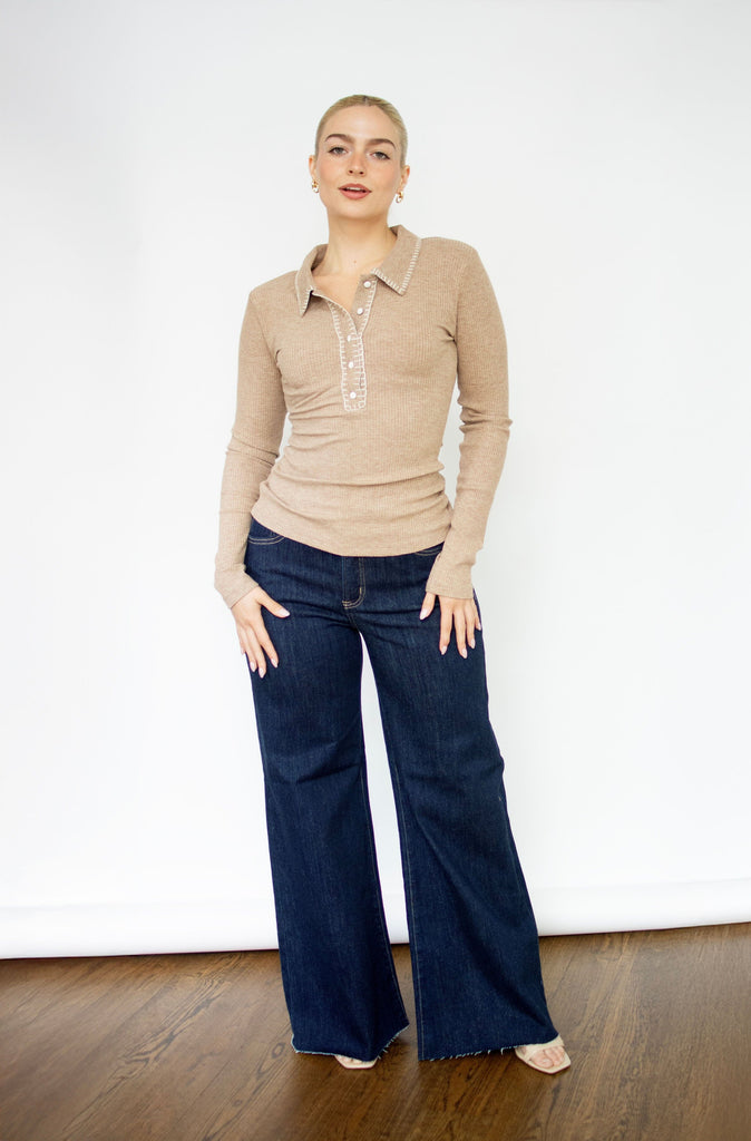 Melange Brown Contrast Stitch Collar Ribbed Top
