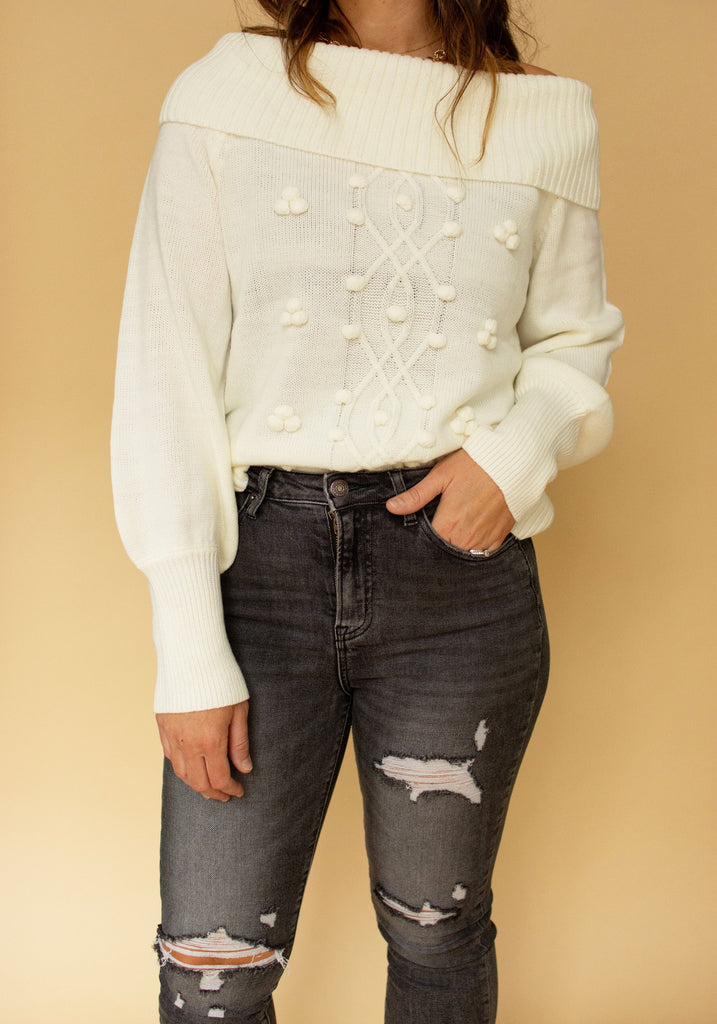 Cream Pom Detail Off Shoulder Sweater