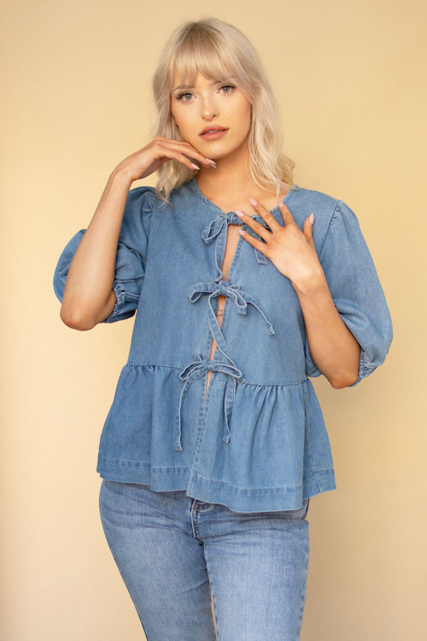 Denim Bow Tie Peplum Top