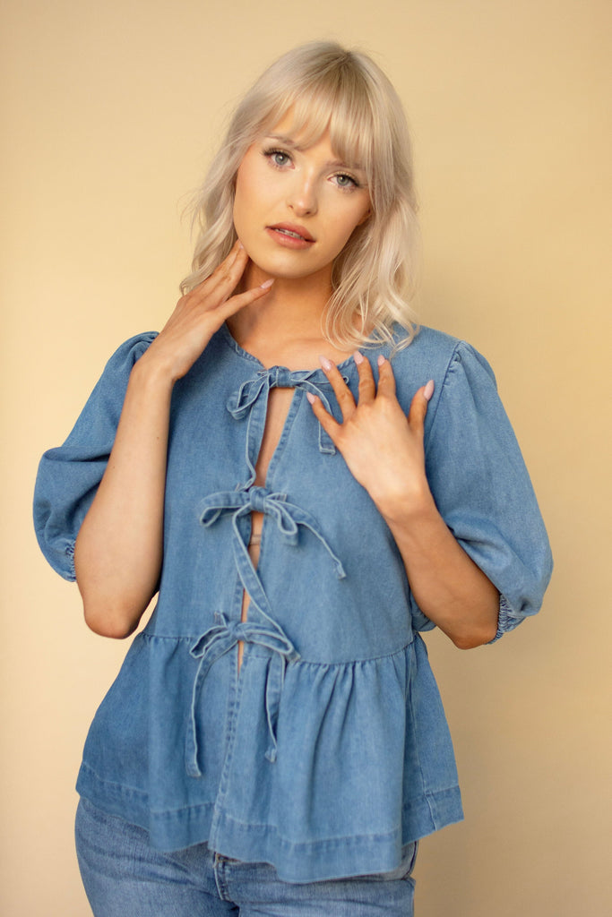 Denim Bow Tie Peplum Top