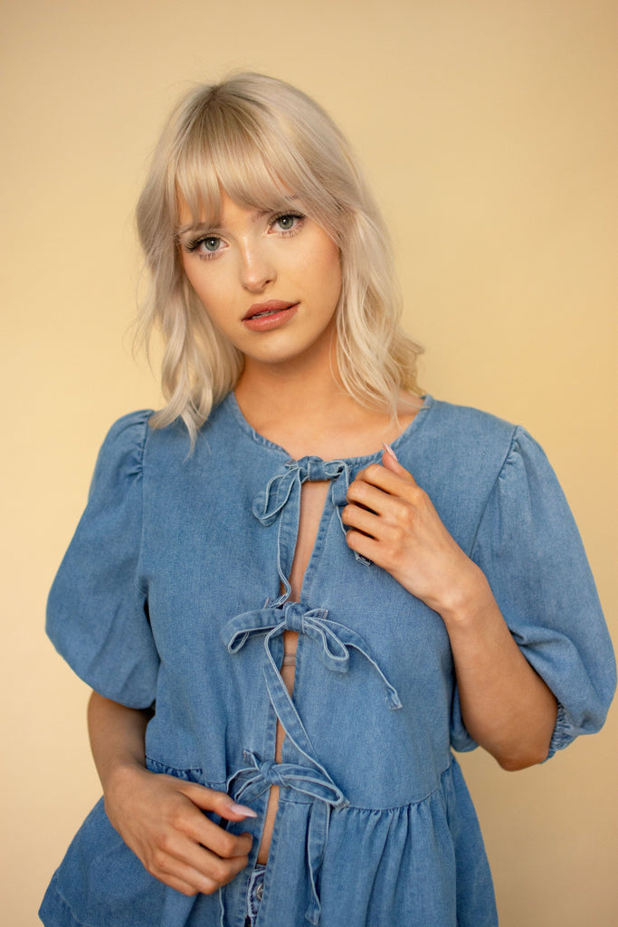 Denim Bow Tie Peplum Top